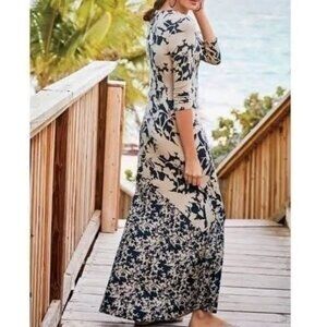 Soft Surroundings Satine Maxi Dress Petite Small Floral Navy Blue Beige Stretch
